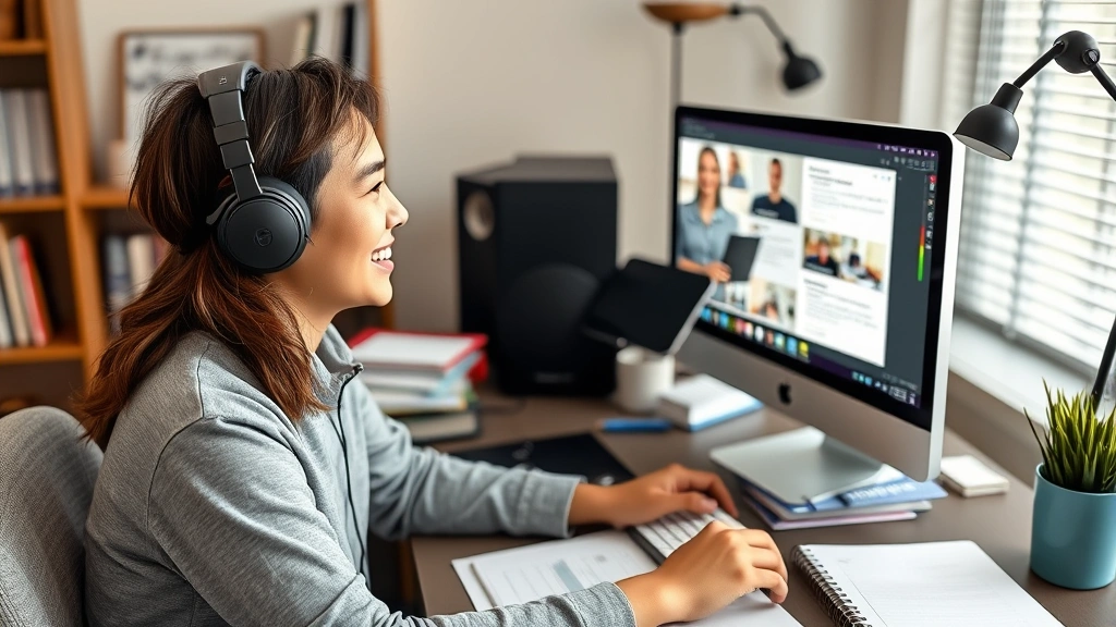 A student wearing headphones at a desk, smiling while watching an online course on their computer monitor, surrounded by learning materials and notebooks in a home study setup