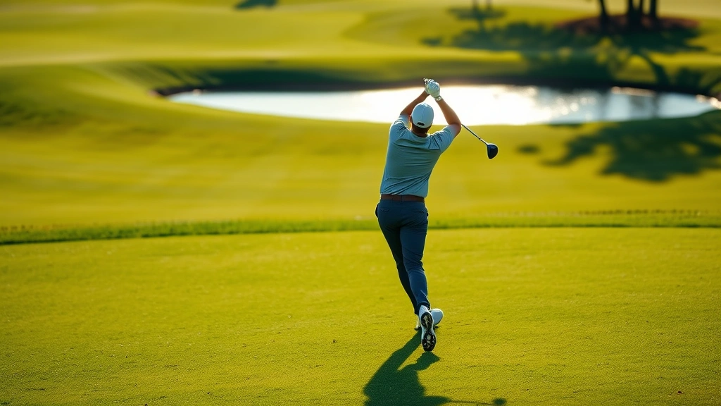 Professional golfer mid-swing on manicured fairway with water hazard visible in background, morning sunlight creating dramatic shadows on grass, vibrant green landscape
