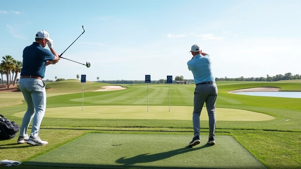 Practice range scene with golfer hitting approach shot toward multiple targets at different distances, bunkers and water features visible, professional golf instruction environment with clear visibility