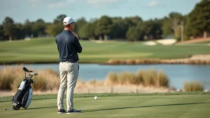 Professional golfer in proper attire standing respectfully still while another golfer prepares to hit on the tee box, demonstrating silence and focus during a round