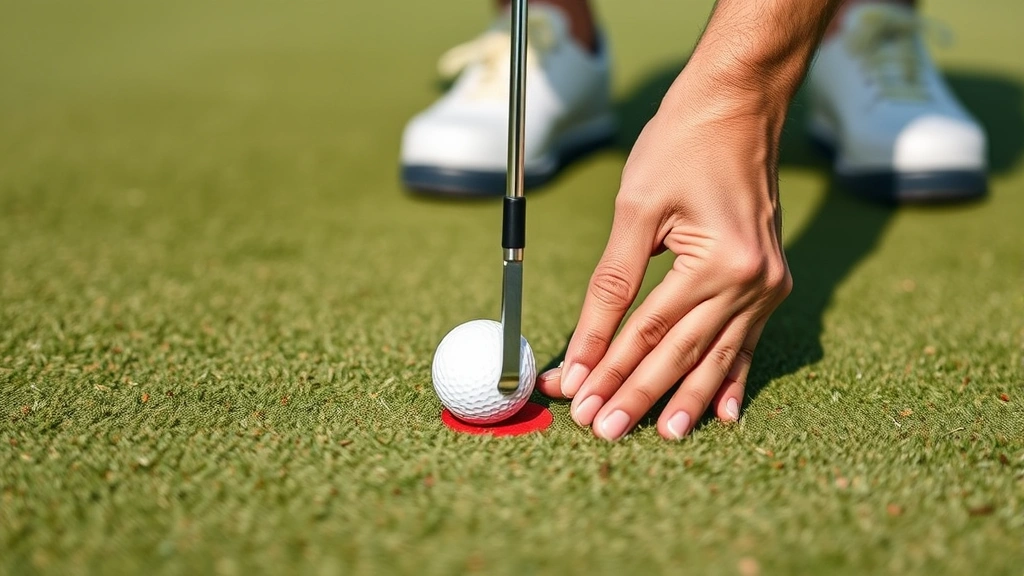 Golfer carefully repairing a ball mark on the putting green with a divot tool, showing proper maintenance and course care responsibility