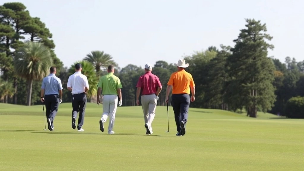 Group of golfers walking respectfully on a fairway, maintaining appropriate spacing and pace of play while approaching the green