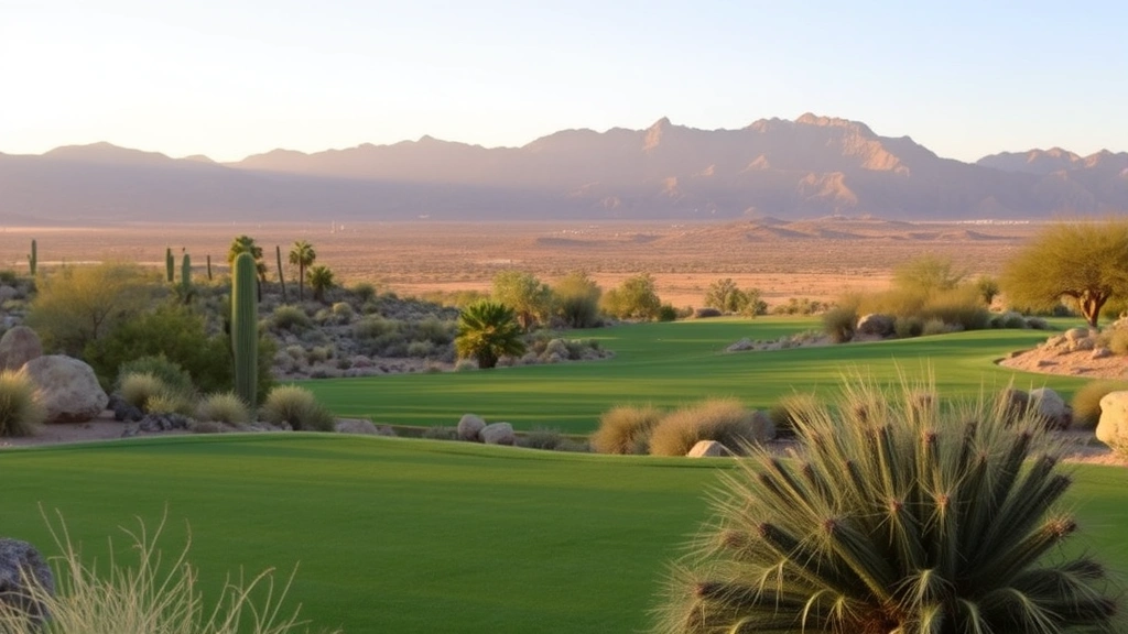 Panoramic desert golf course fairway with native Arizona vegetation, mountains in background, morning sunlight, no people or text visible
