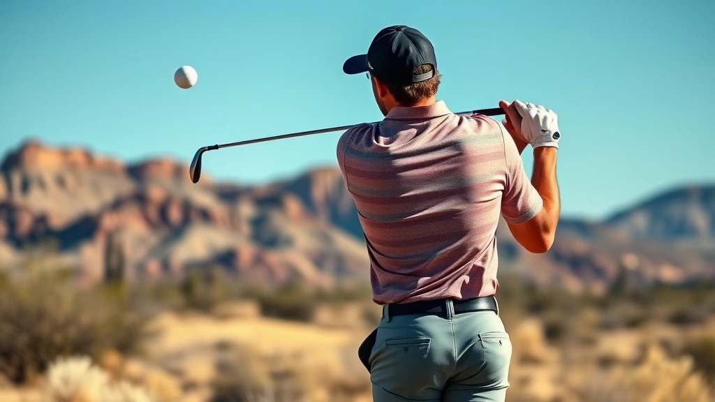Golfer in desert setting executing perfect swing with golf ball in mid-flight, clear blue Arizona sky background, natural lighting