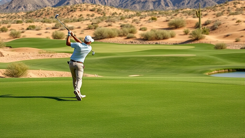 Professional golfer mid-swing on pristine fairway with bunkers and green visible, desert landscape, natural lighting, action shot composition
