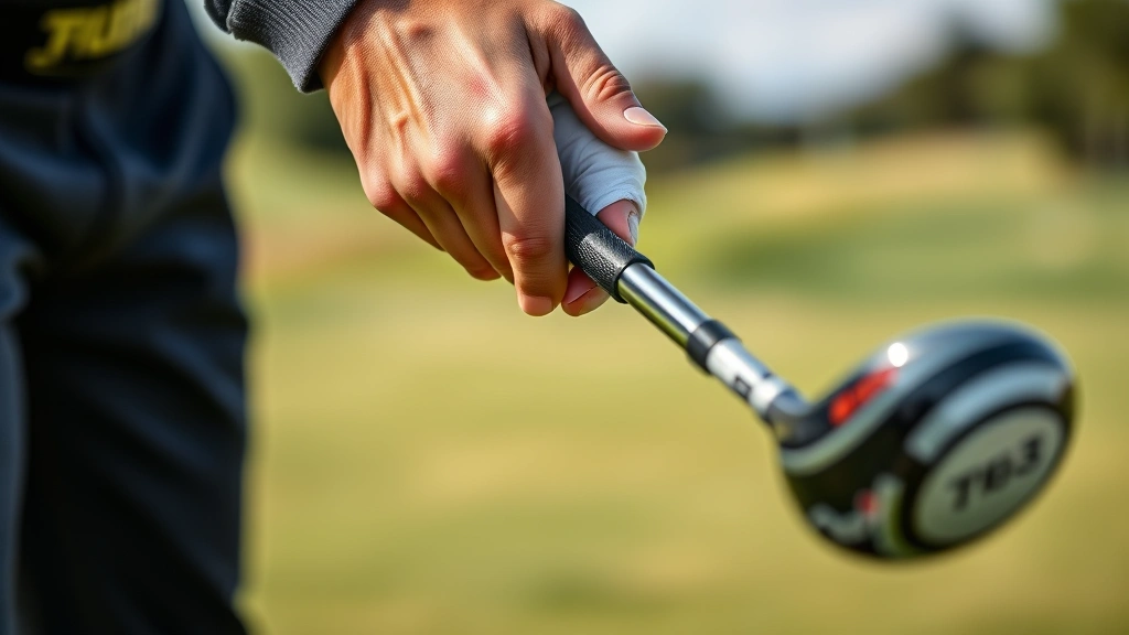 Close-up of golfer's hands demonstrating proper grip technique on golf club, professional training environment with blurred course background