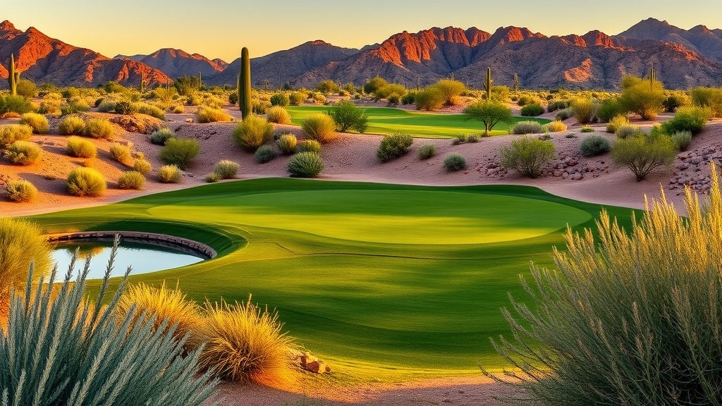 Scenic desert golf hole with strategic water hazard, manicured green complex, native plants framing the hole, sunset lighting, no text elements