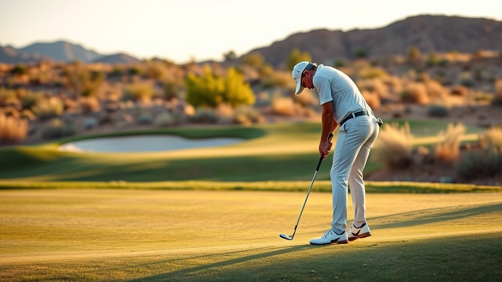 Golfer chipping near green with bunker visible, showing short game technique execution in natural desert course setting with warm lighting