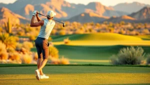 Professional golfer executing perfect golf swing on manicured fairway with beautiful desert landscape background, golden hour lighting, focused athletic form