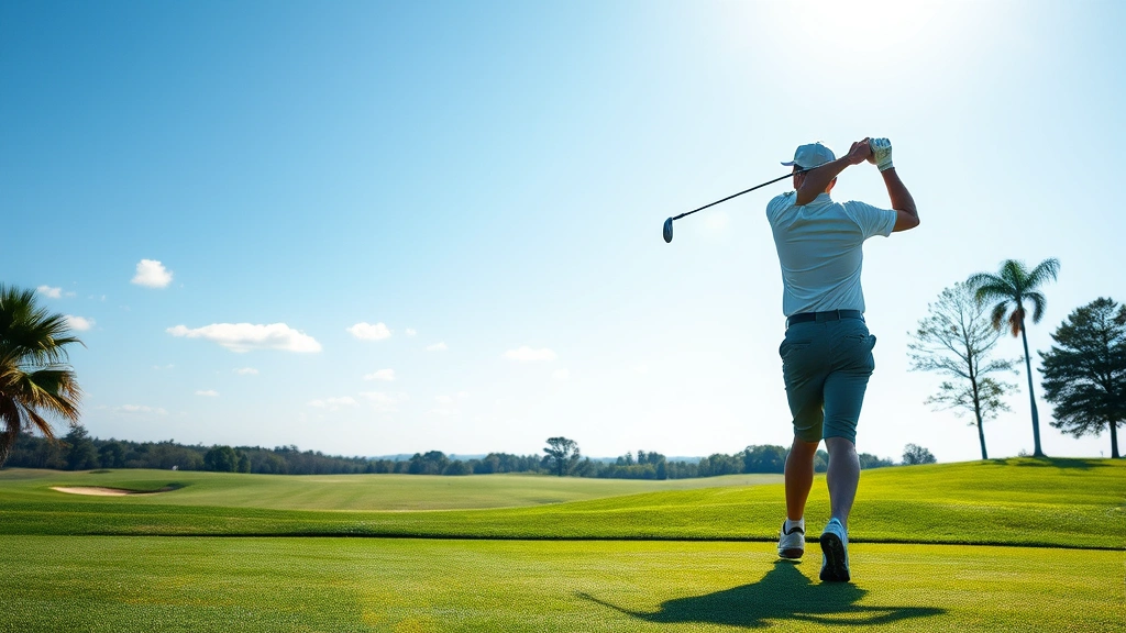 Golfer mid-swing on a lush fairway with manicured grass, blue sky, and distant trees under natural sunlight, showing proper golf technique and form
