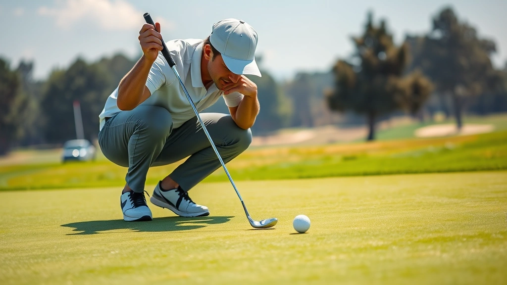 Golfer analyzing green and reading putt lines, crouching behind ball with concentrated expression, pristine putting surface with shadows showing slope contours