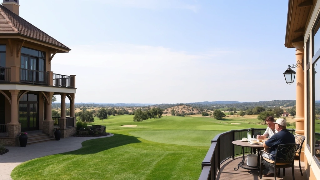 Golf course clubhouse with elegant architecture, members relaxing on terrace overlooking pristine fairways and greens with distant landscaping