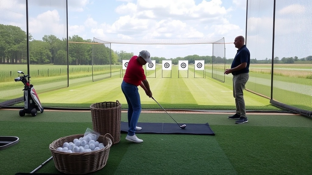 Golfer practicing short game at driving range with multiple targets visible, basket of practice balls nearby, coach or instructor in background providing feedback