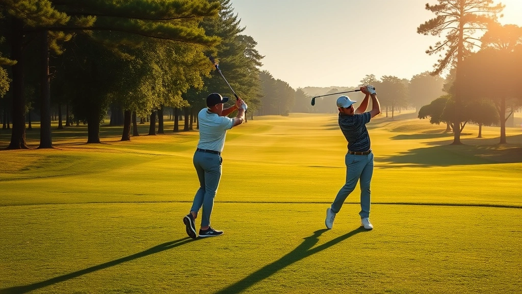 Professional golfer mid-swing on well-maintained fairway with trees lining the course, morning sunlight, realistic golf course setting