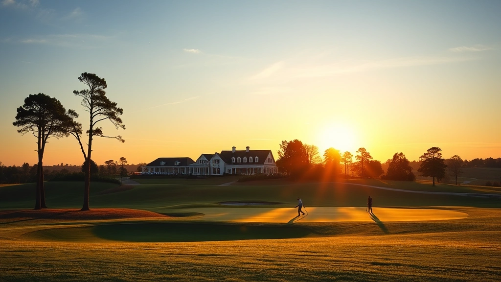 Scenic view of golf course with clubhouse in background, practice range visible, golfers walking fairway during golden hour