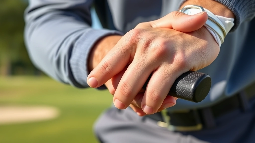 Professional golfer demonstrating proper grip and hand positioning on golf club, close-up showing finger placement and pressure, outdoors at golf course