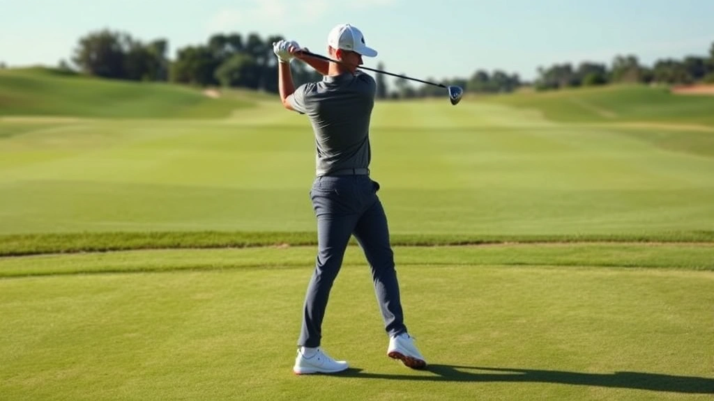 Golfer in athletic posture at address position showing proper stance, knee flex, and spinal angle alignment, full body view on fairway
