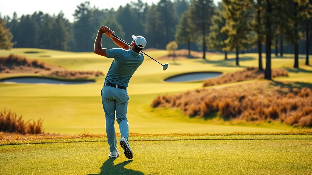 Experienced golfer in mid-swing on a championship course with fairway, rough, and trees visible, morning sunlight, focused concentration