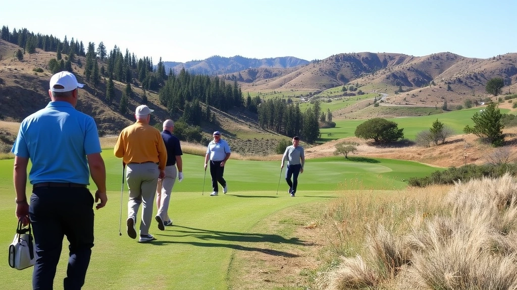 Group of golfers walking between holes on scenic course with elevation changes, discussing strategy, professional attire, natural landscape