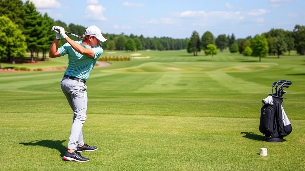 Golfer in proper stance mid-swing on practice range with manicured fairway and trees in background, natural daylight, professional posture demonstration