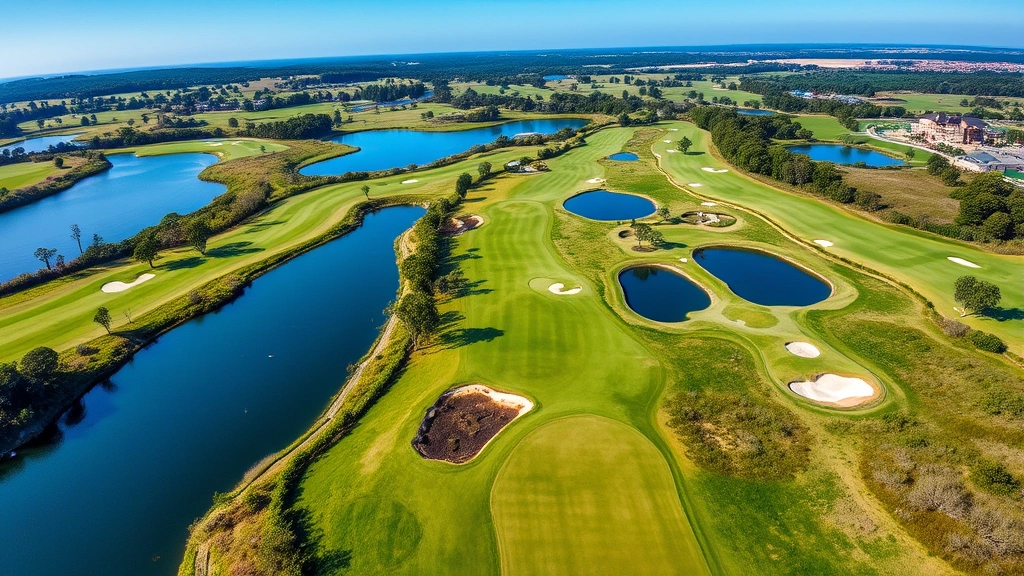 Aerial view of championship golf course with multiple holes visible, bunkers and water hazards, lush green fairways and rough, clear blue sky
