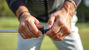Close-up of golfer's hands demonstrating proper grip position on golf club, showing finger placement and hand alignment, outdoors on practice range