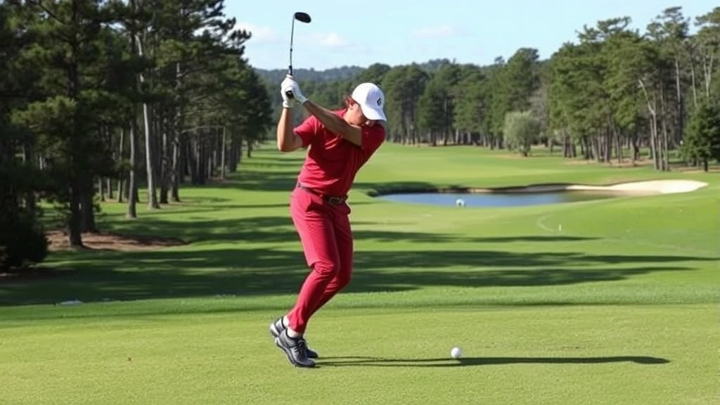 Golfer executing a smooth downswing transition on a scenic golf course fairway with trees and water hazard visible, demonstrating athletic movement and weight transfer through impact zone