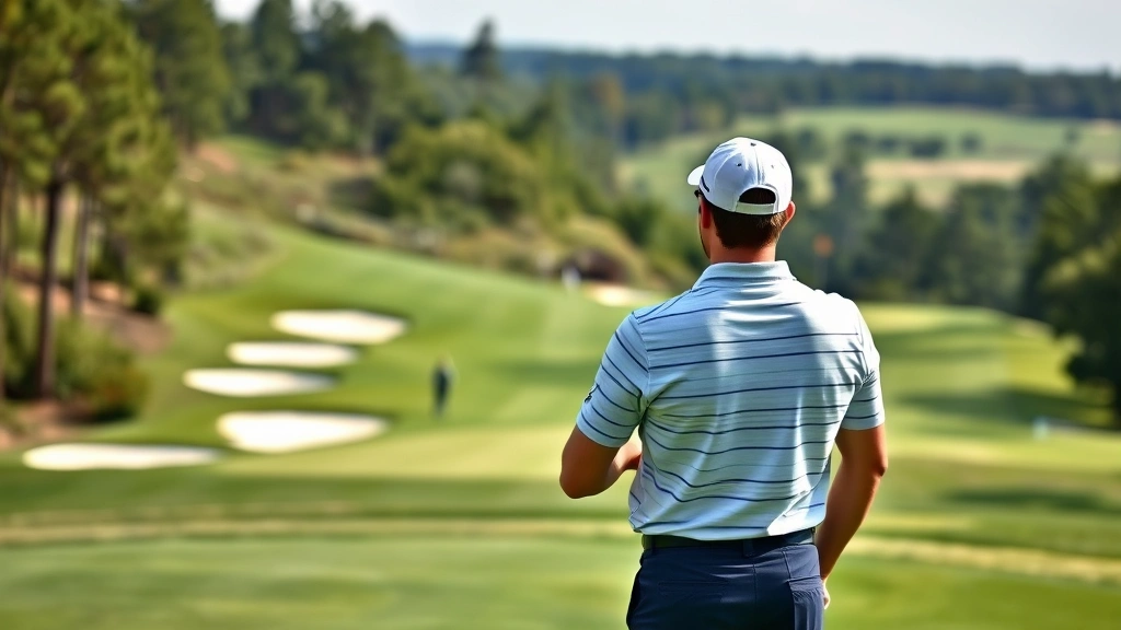 Golfer studying course layout and strategy while standing on tee box overlooking a challenging hole with bunkers and elevated green, appearing focused and mentally prepared for shot execution