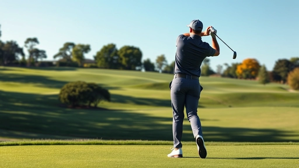 Professional golfer mid-swing on manicured fairway with rolling greens and trees in background, clear sunny day, photorealistic