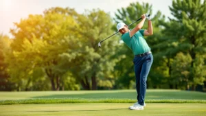 Professional golfer executing perfect golf swing on lush green fairway with trees in background, demonstrating proper form and technique