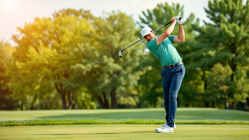 Professional golfer executing perfect golf swing on lush green fairway with trees in background, demonstrating proper form and technique