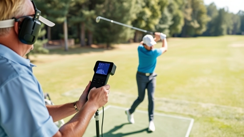 Golf instructor analyzing student's swing using launch monitor and video analysis technology on practice range with golfer mid-swing