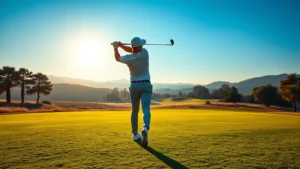 Professional golfer executing perfect tee shot on scenic fairway, morning sunlight, focused expression, golf course landscape background