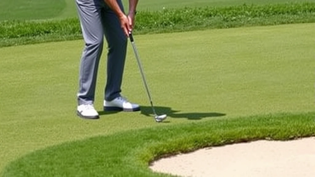 Golfer practicing short game around green with bunker visible, chipping technique demonstration, manicured grass and sand bunker detail
