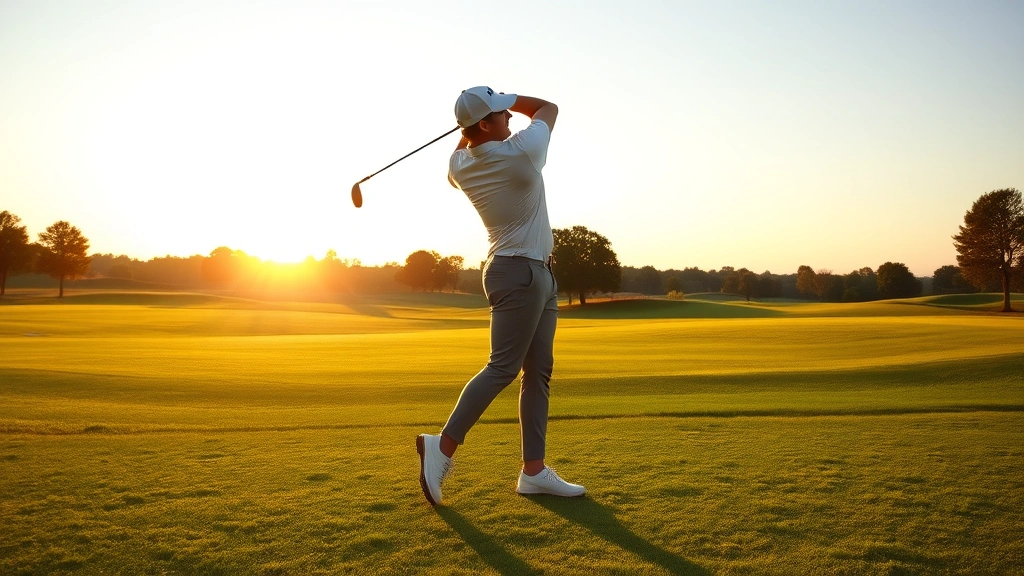 Golfer mid-swing on lush green fairway during golden hour sunlight, demonstrating proper posture and form, natural outdoor setting