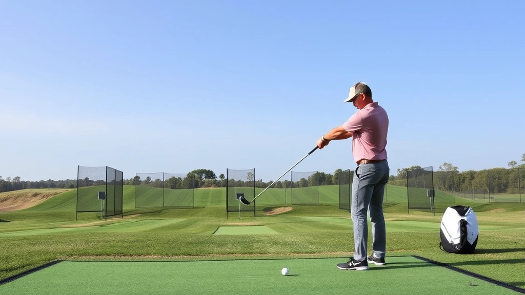 Professional golfer practicing at driving range with multiple target greens visible, hitting ball with perfect follow-through position, clear sky background