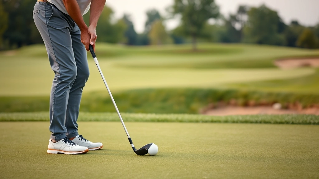Golfer putting on pristine green with concentration, demonstrating proper putting stance and grip, manicured course landscape with trees in soft focus