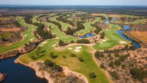 Aerial view of a scenic golf course landscape with fairways, water features, and native trees integrated into the design, showing natural terrain and careful environmental planning