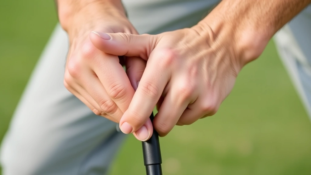 Close-up of golfer's hands demonstrating proper grip on golf club with neutral hand position and correct pressure
