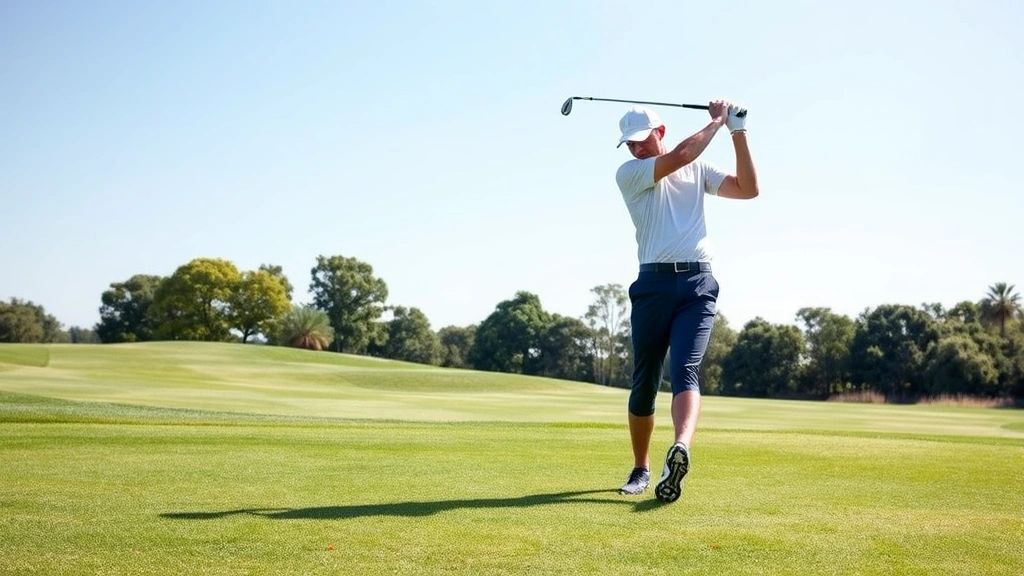 Professional golfer executing a perfect tee shot on a well-maintained fairway with clear blue sky, demonstrating proper stance and follow-through form