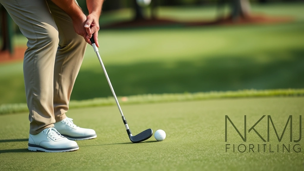 Golfer analyzing green slope and reading putt before striking, showing focused concentration on the putting green with manicured grass
