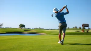 Professional golfer mid-swing on lush fairway with water hazard visible, perfectly manicured grass and blue sky background, natural lighting