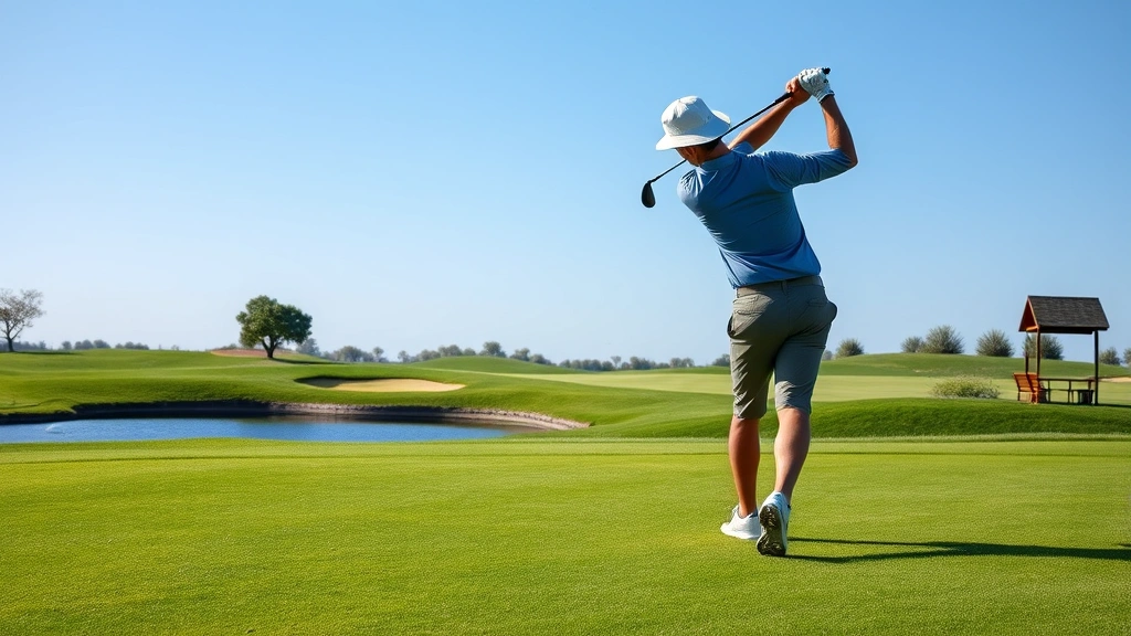 Professional golfer mid-swing on lush fairway with water hazard visible, perfectly manicured grass and blue sky background, natural lighting