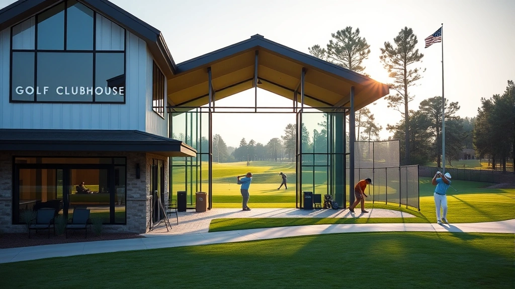 Modern golf clubhouse exterior with practice range visible, golfers practicing on driving range in background, morning light creating depth