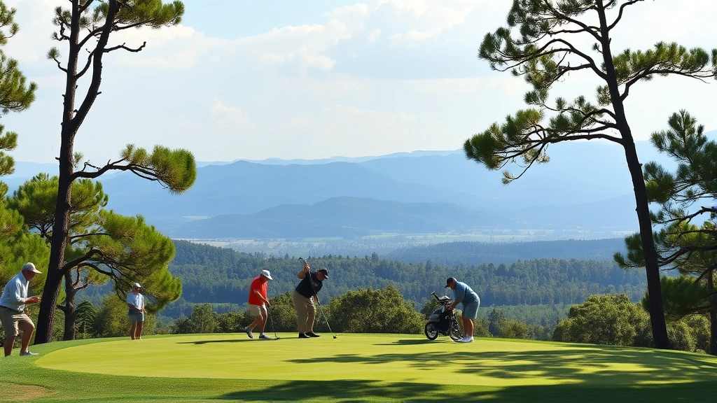 Group of diverse golfers putting on elevated green with scenic landscape backdrop, trees framing the hole, peaceful natural setting
