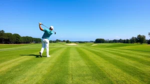 Photorealistic wide fairway with manicured grass stretching toward distant green, professional golfer mid-swing with perfect form, clear blue sky and natural trees framing course, championship-quality condition