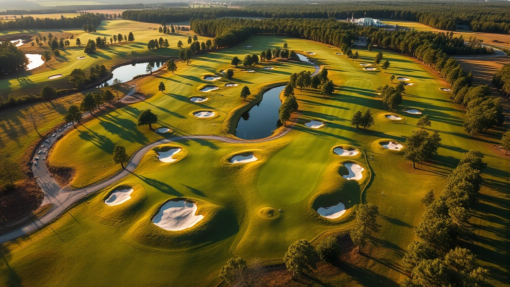 Aerial view of scenic eighteen-hole golf course layout showing varied terrain, strategic bunker placement, water features, tree-lined fairways, and clubhouse in distance, morning light