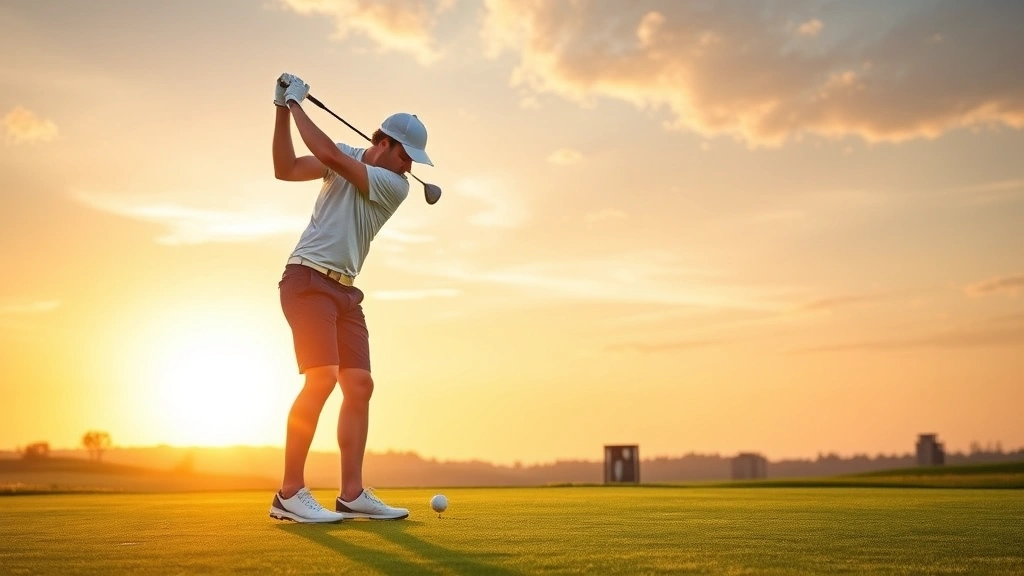 A beginner golfer in proper stance and alignment position on a fairway at sunrise, showing correct posture and grip position with relaxed shoulders and balanced weight distribution