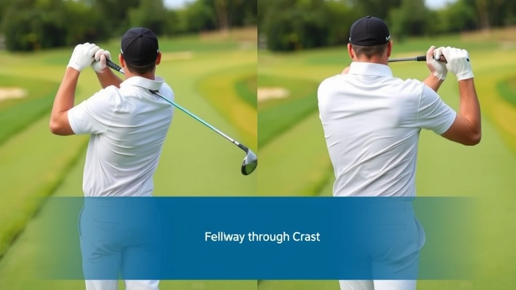 A golfer executing a smooth, controlled swing at the driving range with proper form and balance, demonstrating the follow-through position with relaxed muscles and confident body position
