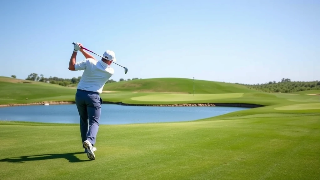 Professional golfer mid-swing on manicured fairway with water hazard visible in background, lush green grass, clear blue sky, natural lighting, realistic golf course landscape